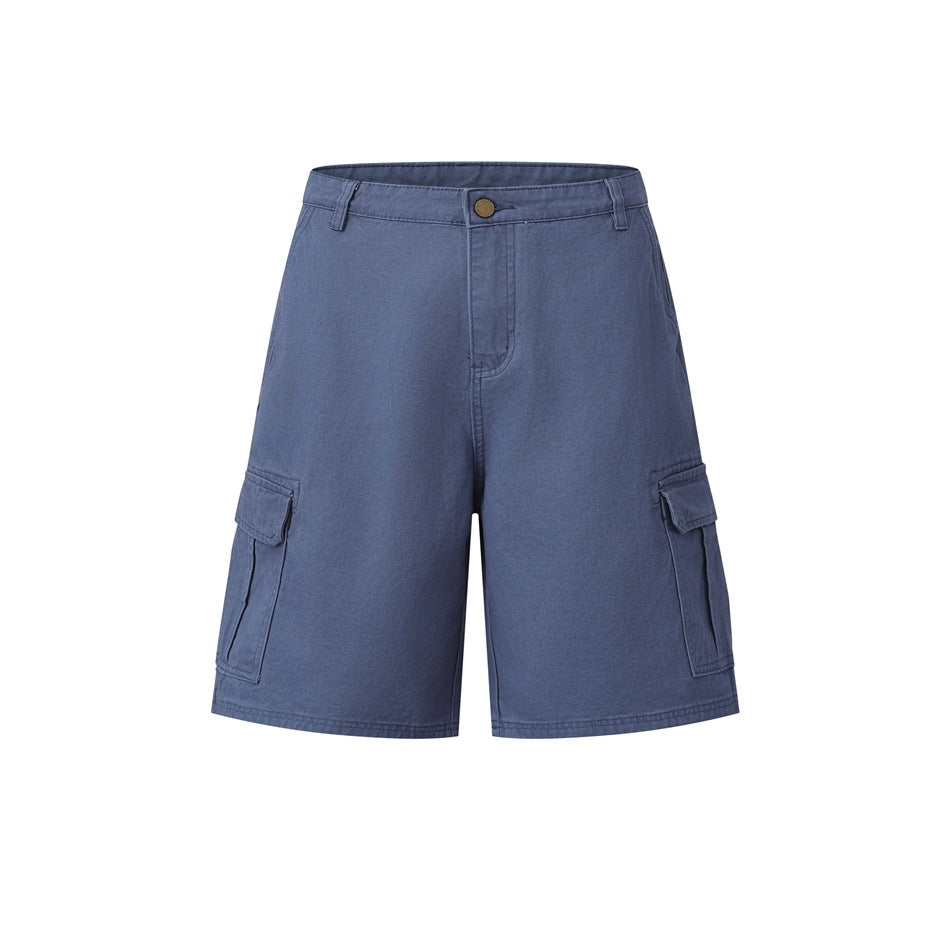 Blue cargo shorts with button fly, belt loops and flap cargo pockets, flat front view