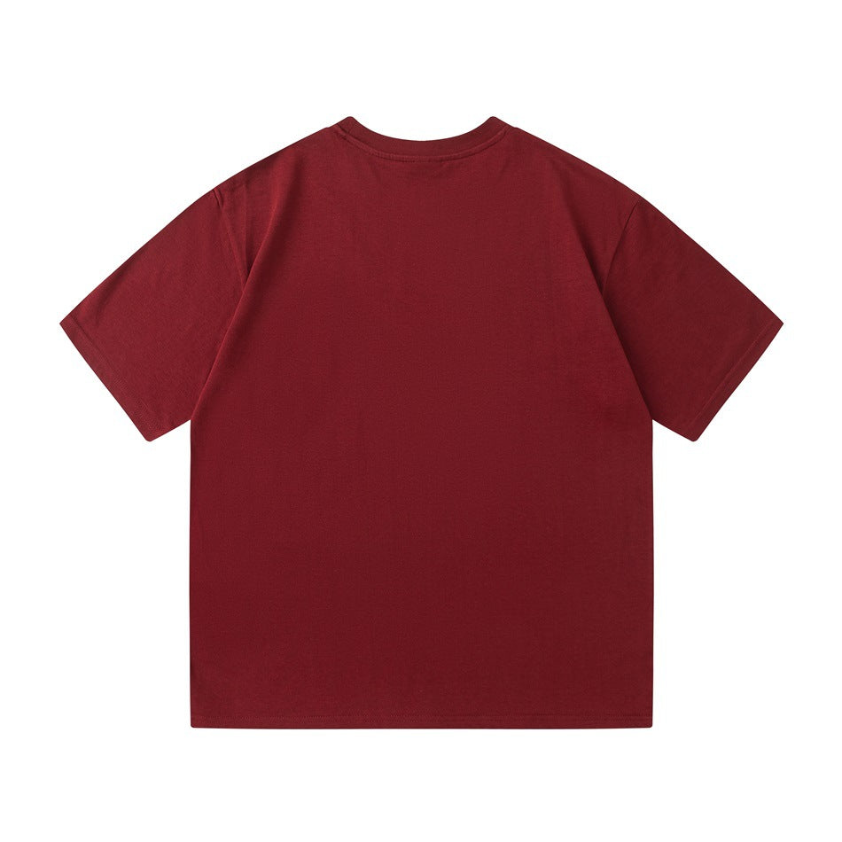 Back view of a plain burgundy short-sleeve crew-neck T-shirt