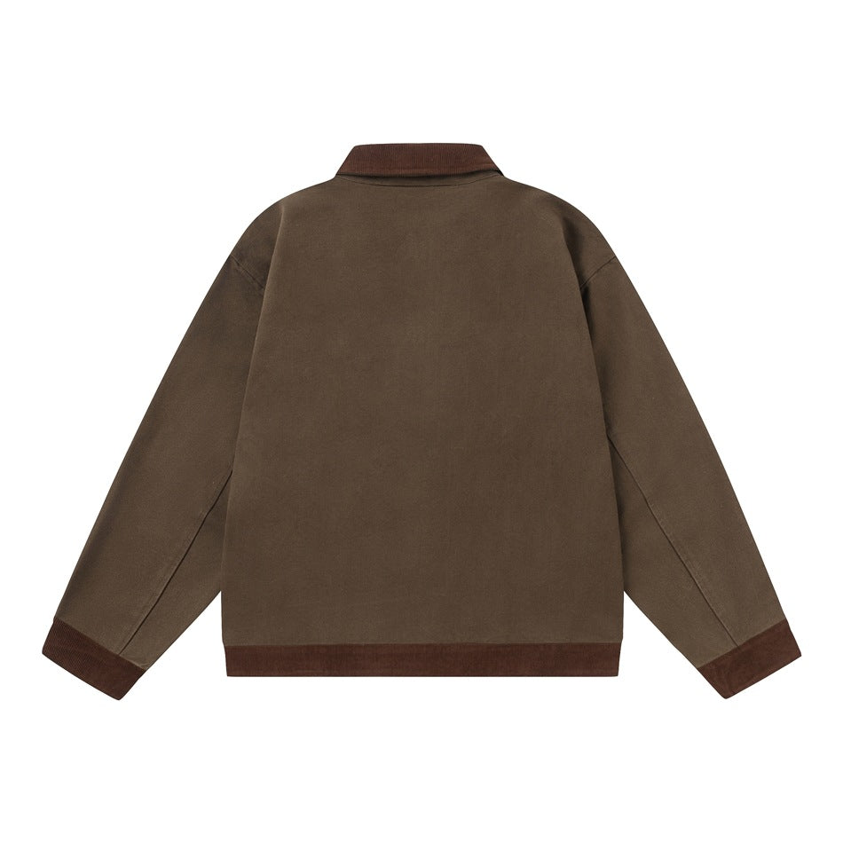 Back view of a brown jacket with a darker brown corduroy collar, cuffs and hem.
