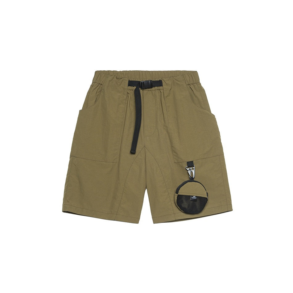 Olive-brown knee-length shorts with black belt, side pockets and clipped round mesh pouch, front view