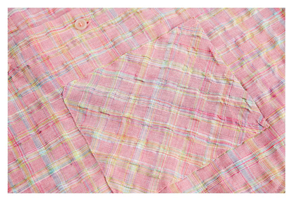 Close-up of the pink multicolor plaid shirt's chest pocket and button.