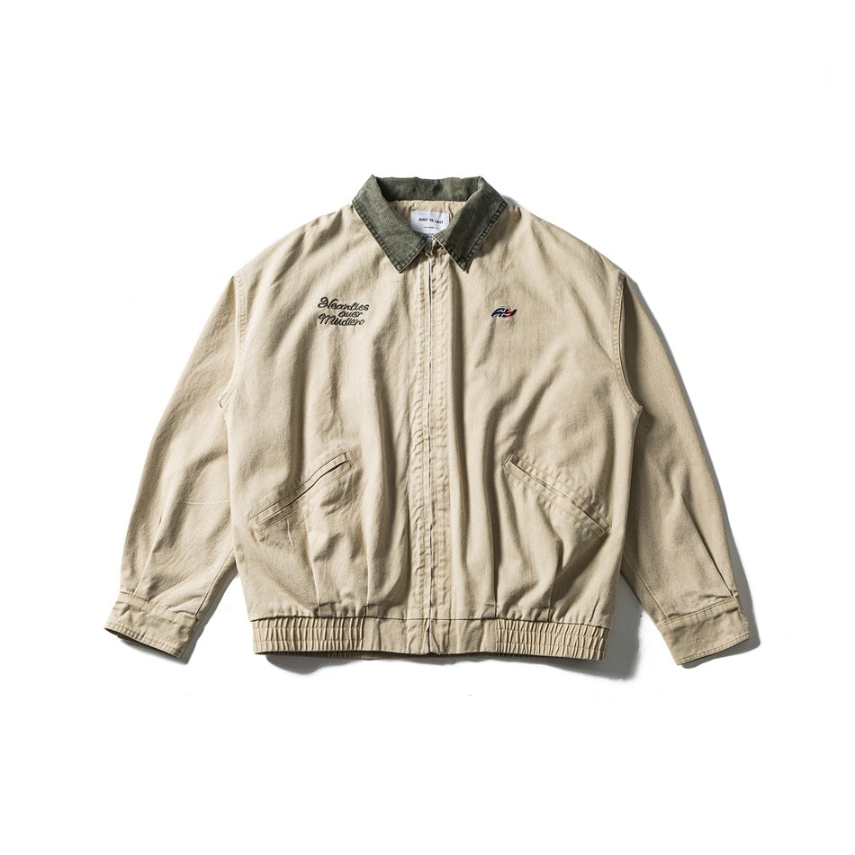 Khaki zip-front jacket with olive green collar, slanted pockets, elastic hem and chest embroidery, flat lay