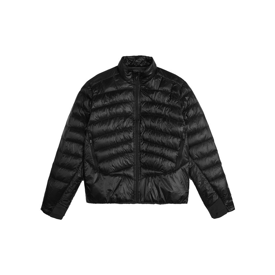 Black quilted stand-collar zip jacket, flat front view on white background
