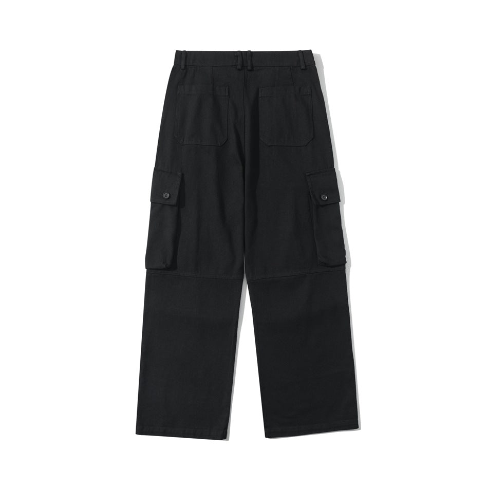 Back view of black wide-leg cargo pants with two rear pockets and buttoned side cargo pockets.