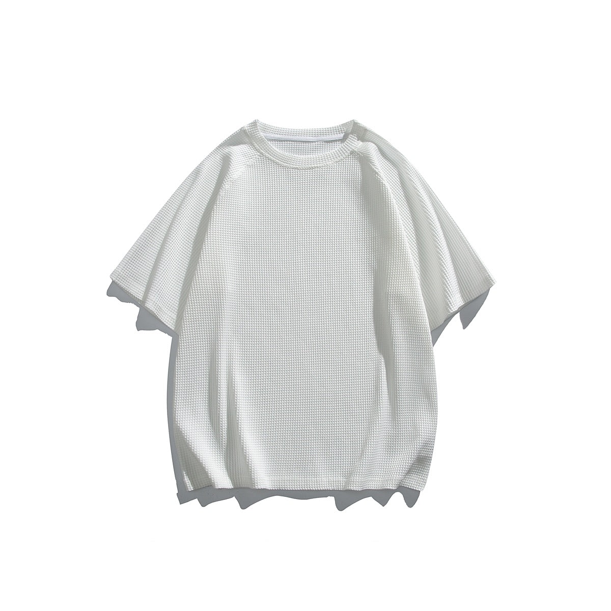 White waffle-knit crew-neck raglan short-sleeve T-shirt, flat lay front view
