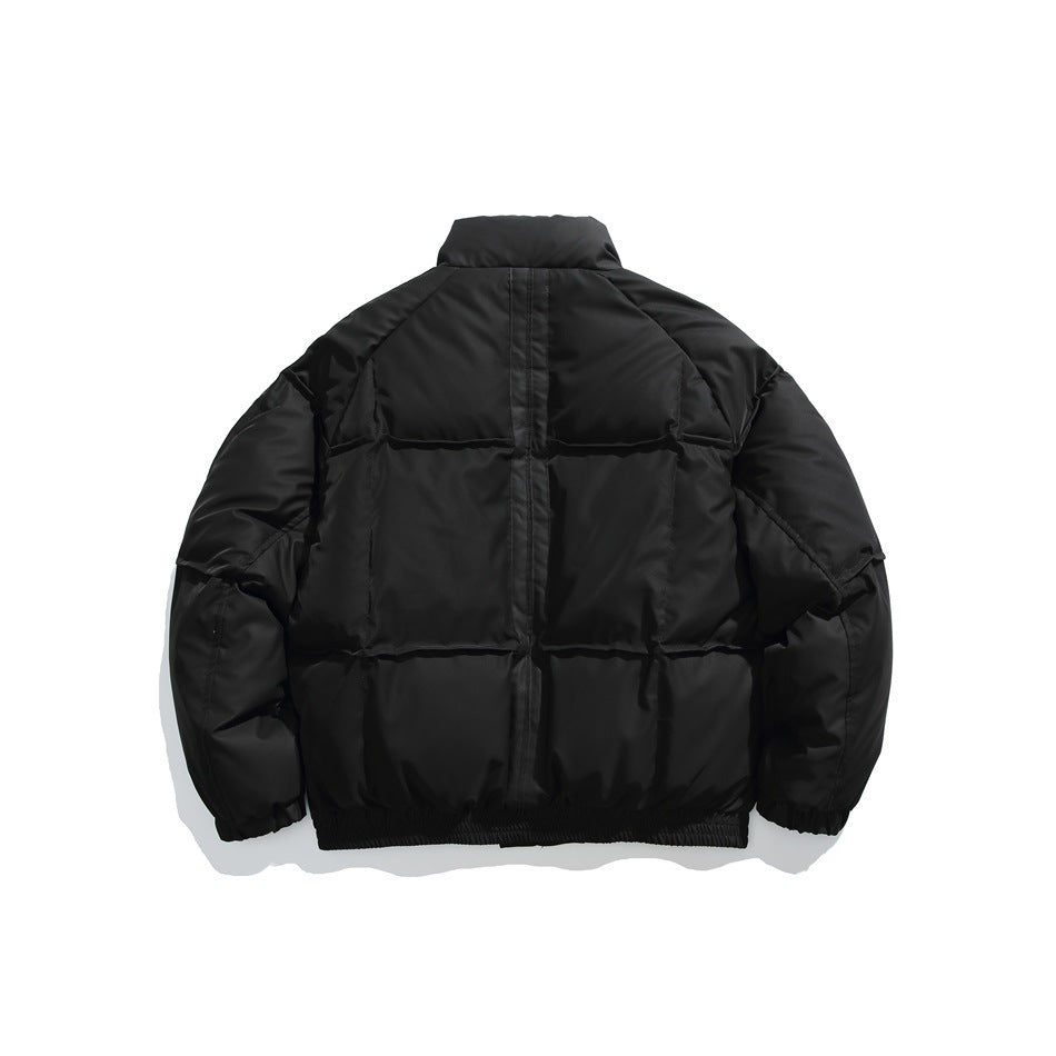 Back view of a black padded jacket with a high collar, panel stitching, and elastic cuffs and hem.