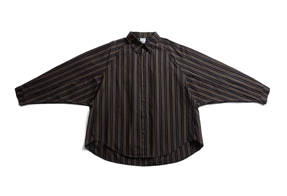 Front view of a dark charcoal and brown striped button-up shirt with wide sleeves, laid flat.