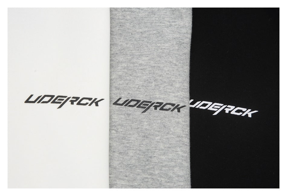 White, heather gray, and black fabric colorways shown side by side, each with a stylized printed wordmark.