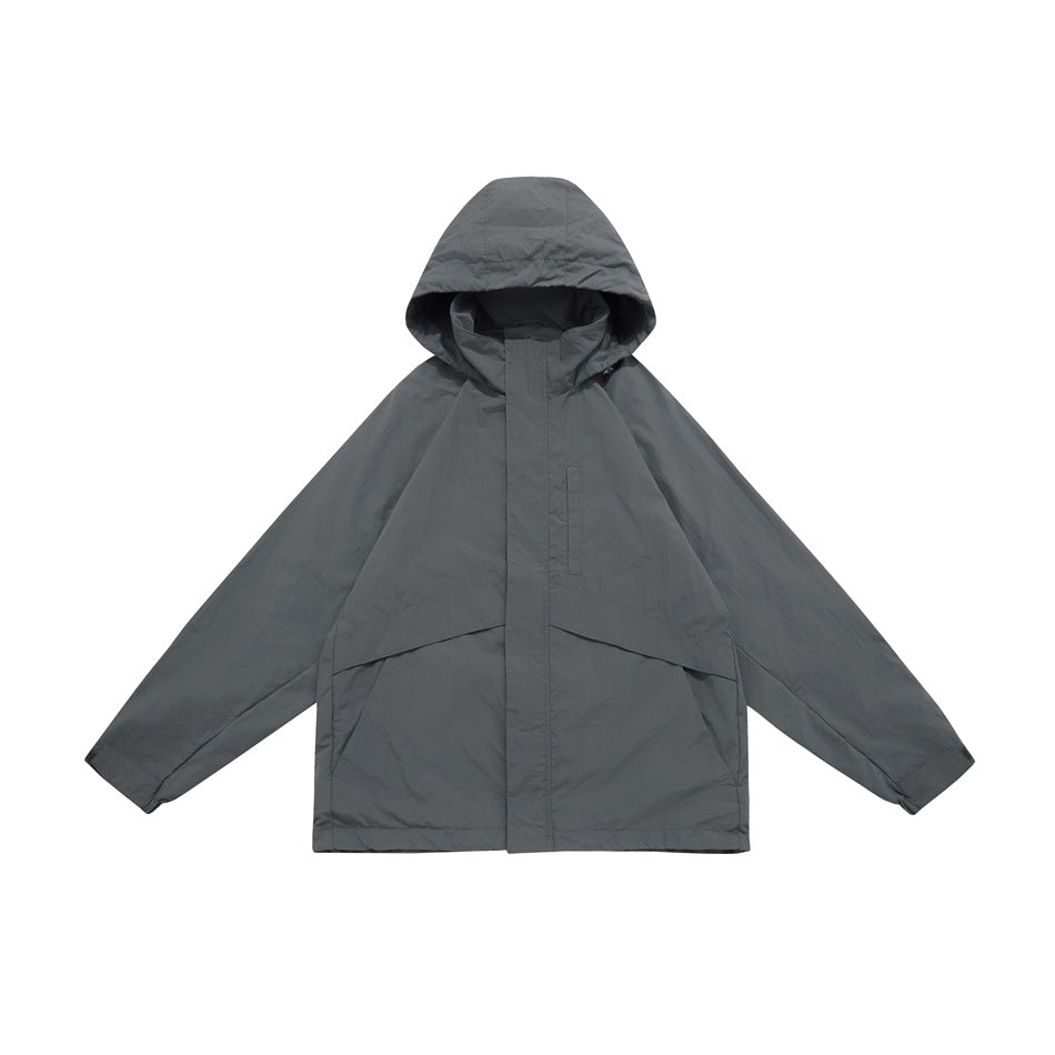 Dark gray hooded zip jacket flat lay with chest pocket and angled lower pocket panels