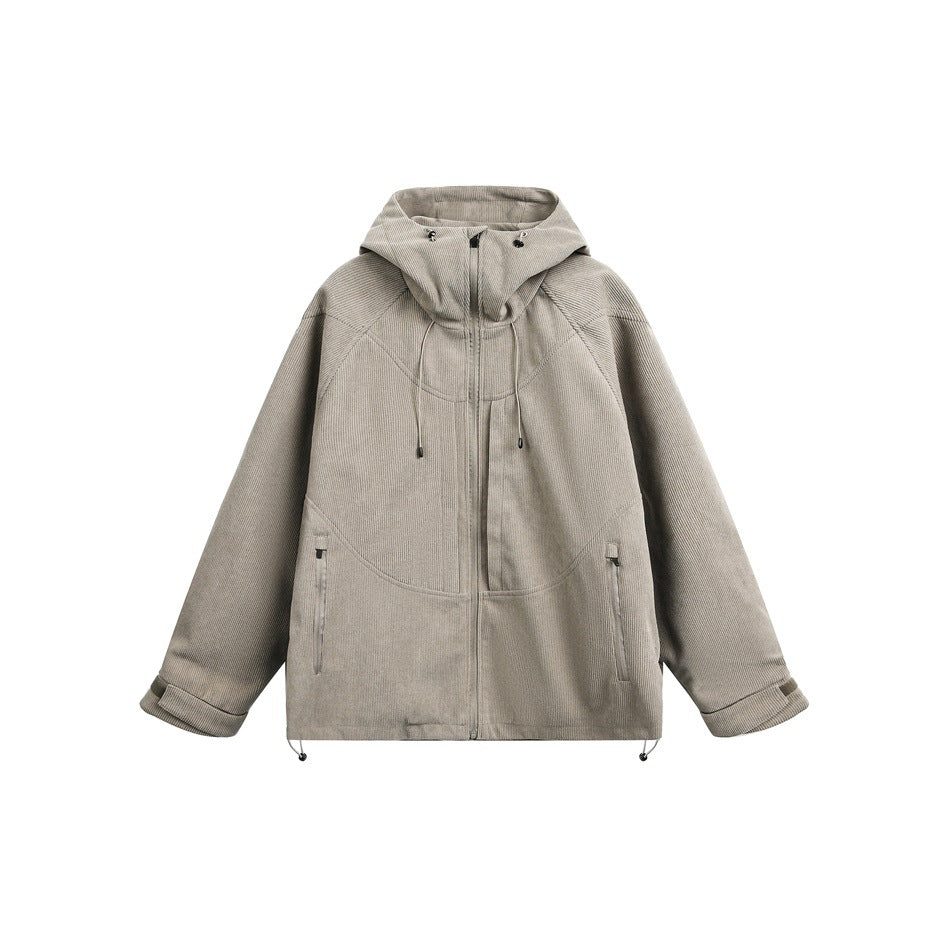 Gray-green ribbed-texture hooded zip jacket with drawcord hood, zippered side pockets and tabbed cuffs, flat front view