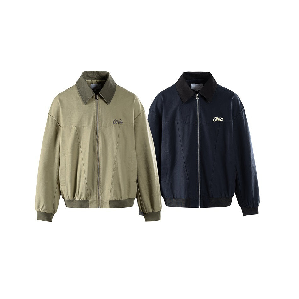 Two zip-front jackets shown side by side: one khaki with dark olive trim and one navy with dark trim.