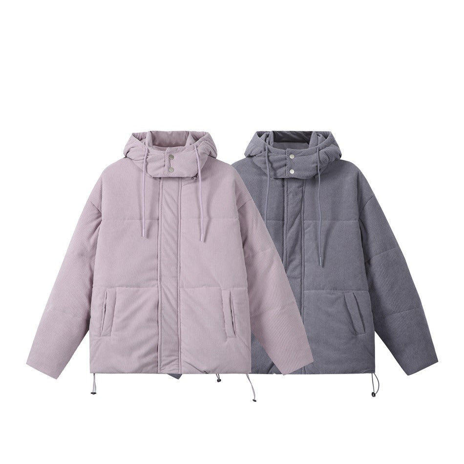 Two hooded padded jackets shown side by side in pale lavender and charcoal gray.