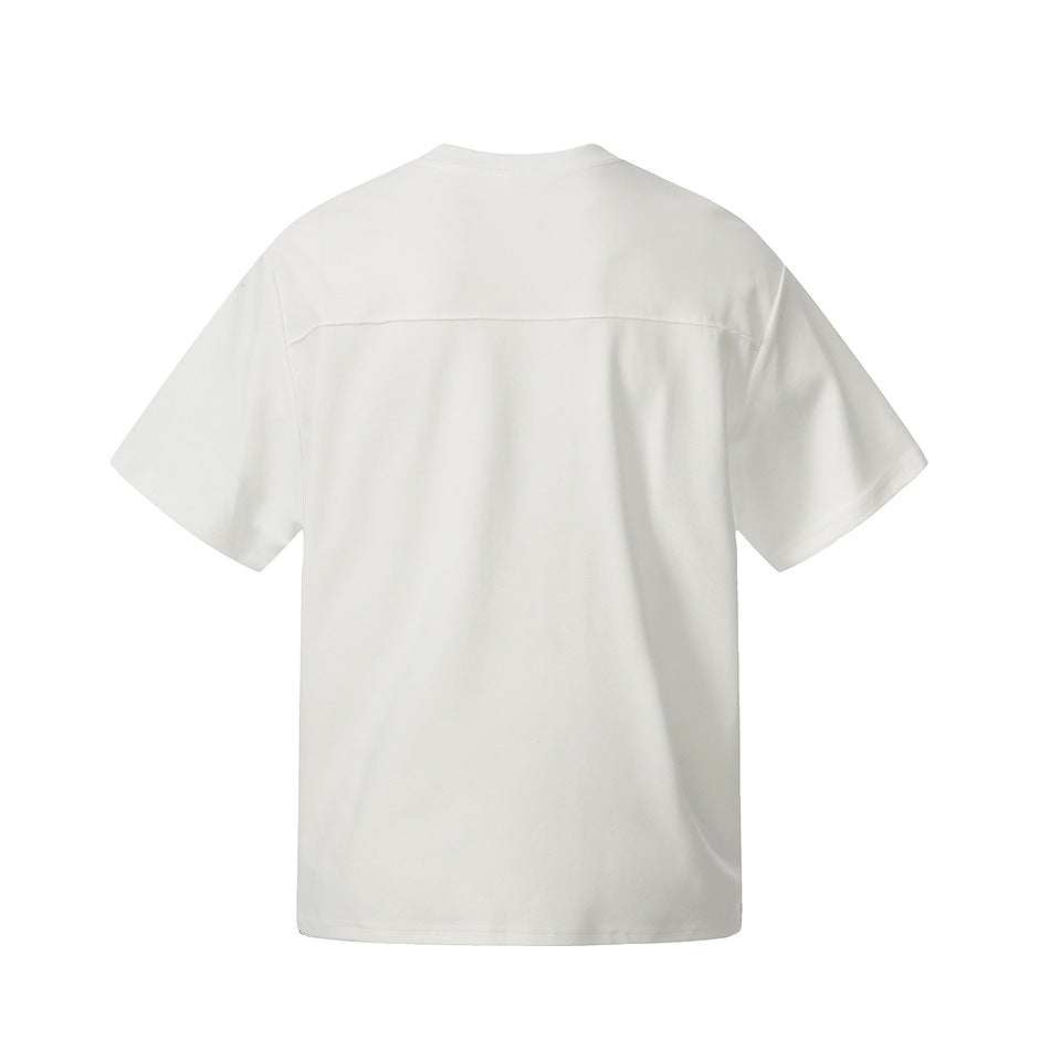Back view of a white short-sleeve tee with a horizontal yoke seam.