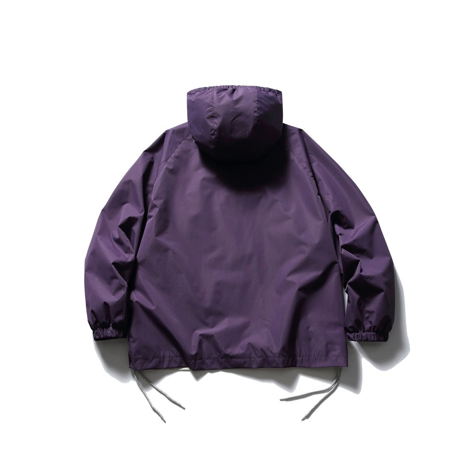 Back view of purple hooded jacket with elastic cuffs and hem drawcords, plain back panel