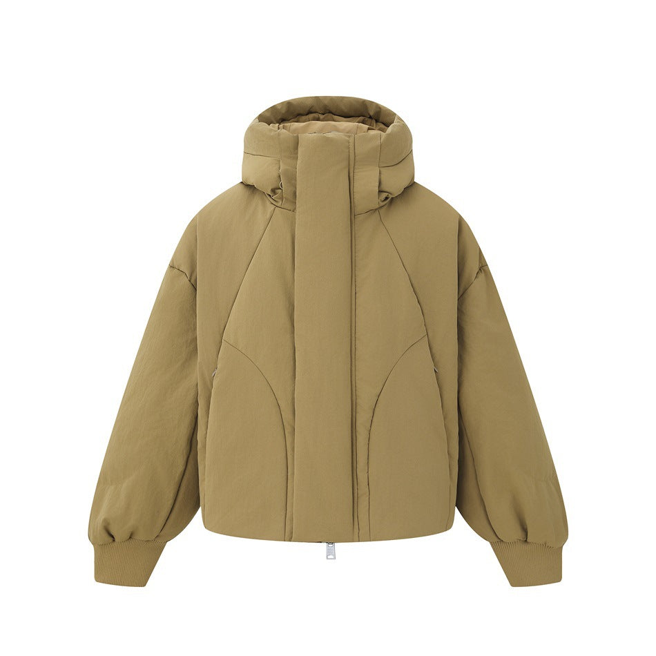Front view of a tan hooded jacket with a high collar, covered zipper, curved seams, and ribbed cuffs.