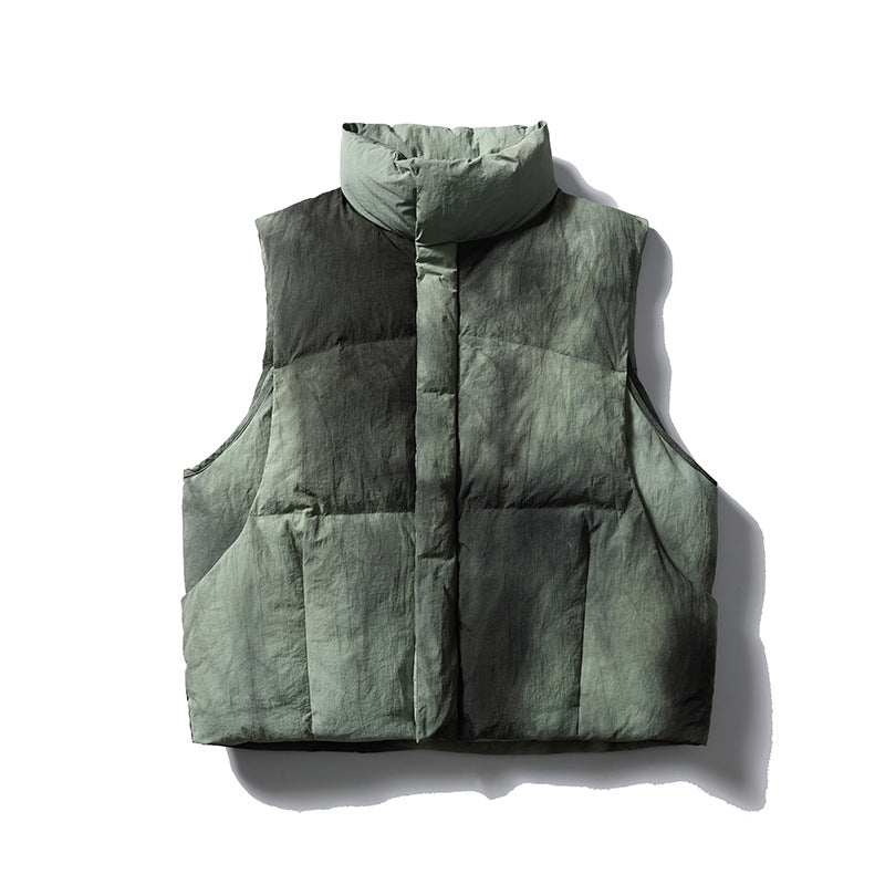 Mottled sage green sleeveless quilted puffer vest with stand collar and center placket, flat lay