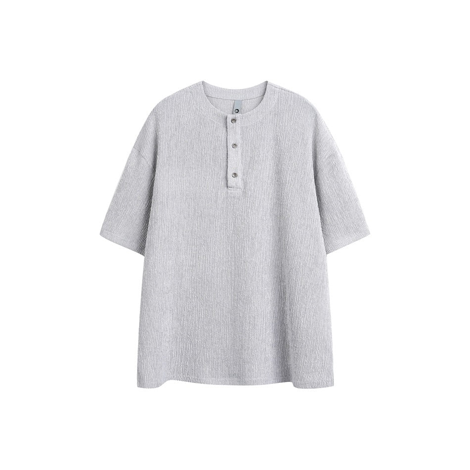 Light gray short-sleeve Henley-collar T-shirt with three buttons and textured fabric, flat front view