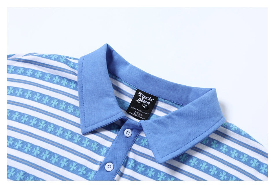 Close-up of a blue polo collar and placket on a white, blue, and gray striped shirt; neck label visible.