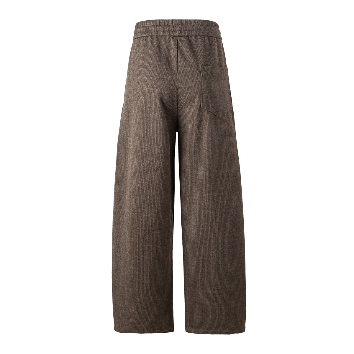 Back view of brown wide-leg trousers with an elastic waistband and a single rear pocket.