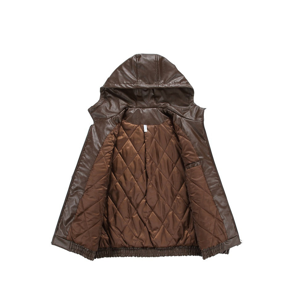 Brown hooded jacket opened to show its diamond-quilted lining and interior.