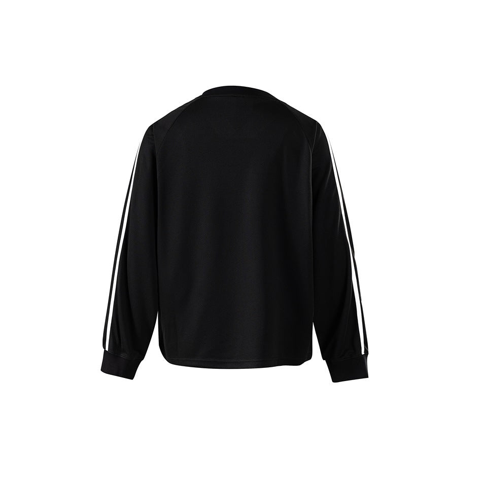 Back view of black long-sleeve top with raglan sleeves, white sleeve stripes and ribbed cuffs