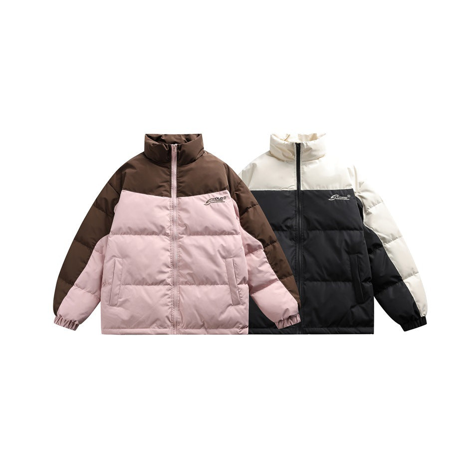 Two colorways of a high-collar puffer jacket shown from the front: brown and pale pink, and cream and black.