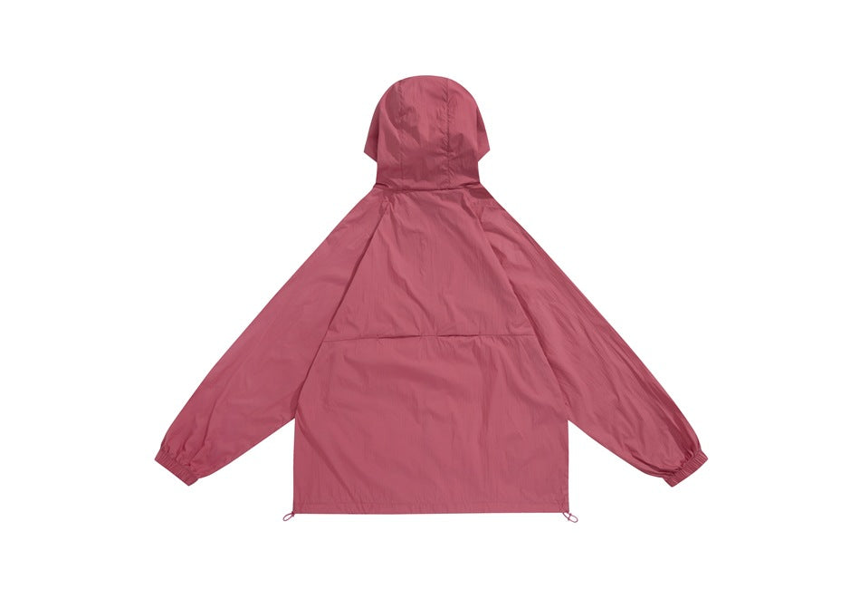 Back view of a dusty rose hooded jacket with long sleeves, gathered cuffs, and drawcords at the hem.