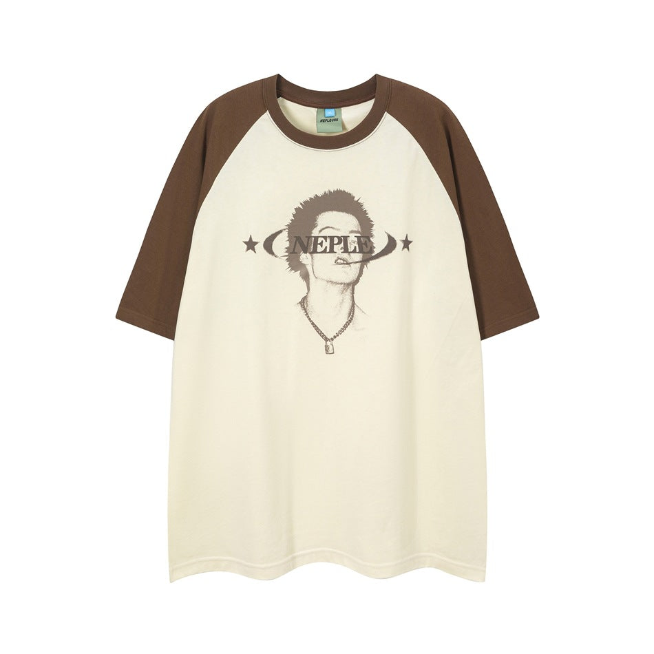 Apricot raglan short-sleeve T-shirt with brown sleeves and neckband and a front graphic print with NEPLE text