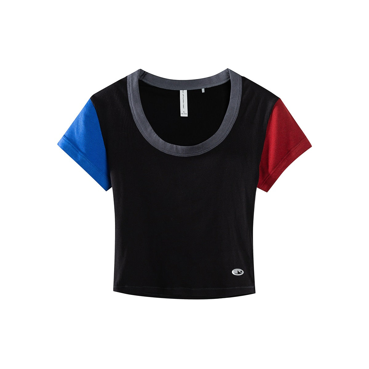 Black ribbed cropped tee with gray neckline trim, blue left sleeve and red right sleeve, flat lay front view