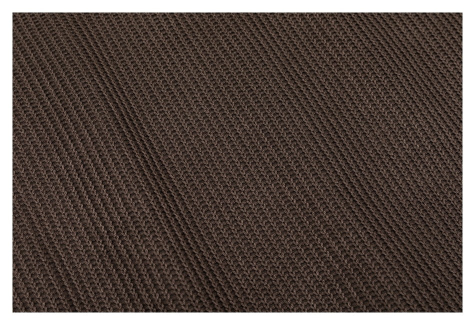 Macro view of the dark brown sweater's chunky knit stitch pattern.
