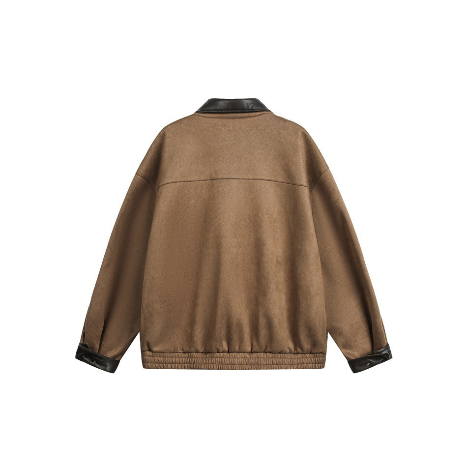 Back view of a tan-brown jacket with a dark collar and cuffs and an elasticized hem.