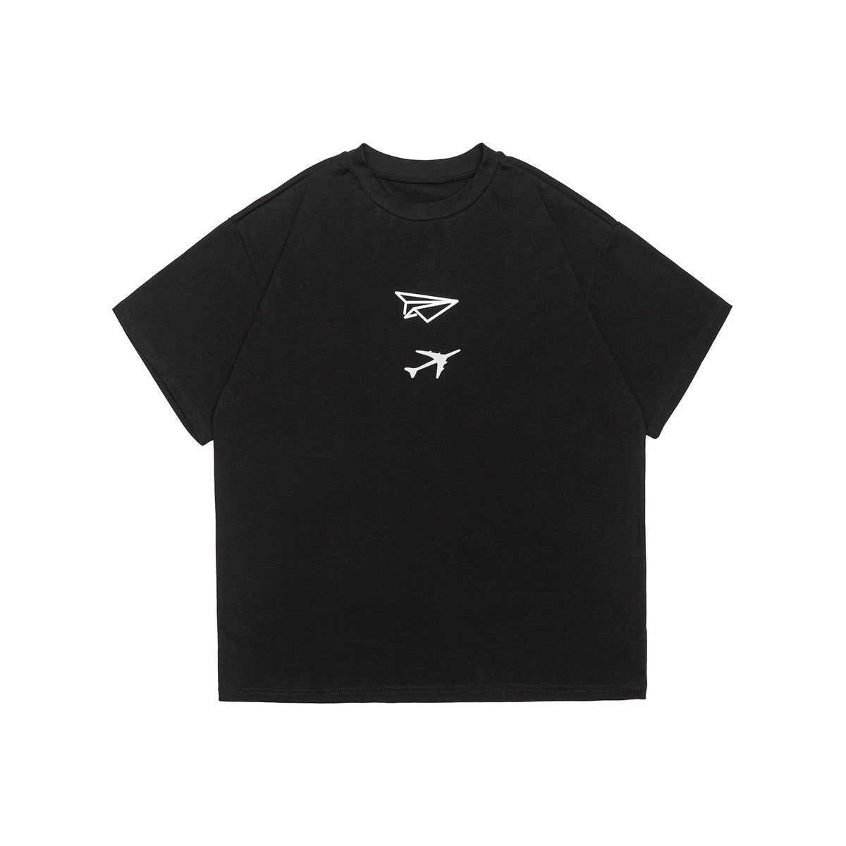 Black short-sleeve crew-neck T-shirt with white paper plane and airplane print on the chest, flat front view