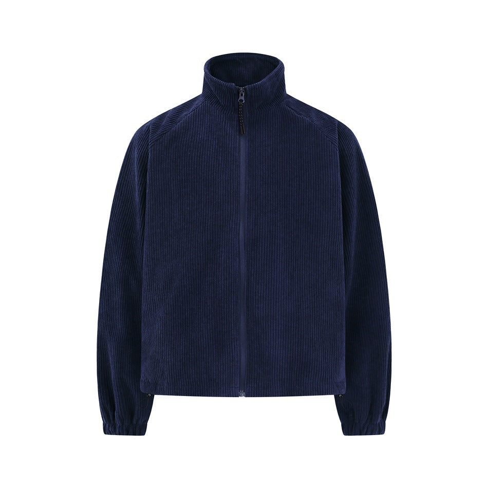 Navy blue stand-collar jacket with full-length front zipper, ribbed corduroy-style texture and elastic cuffs, front view