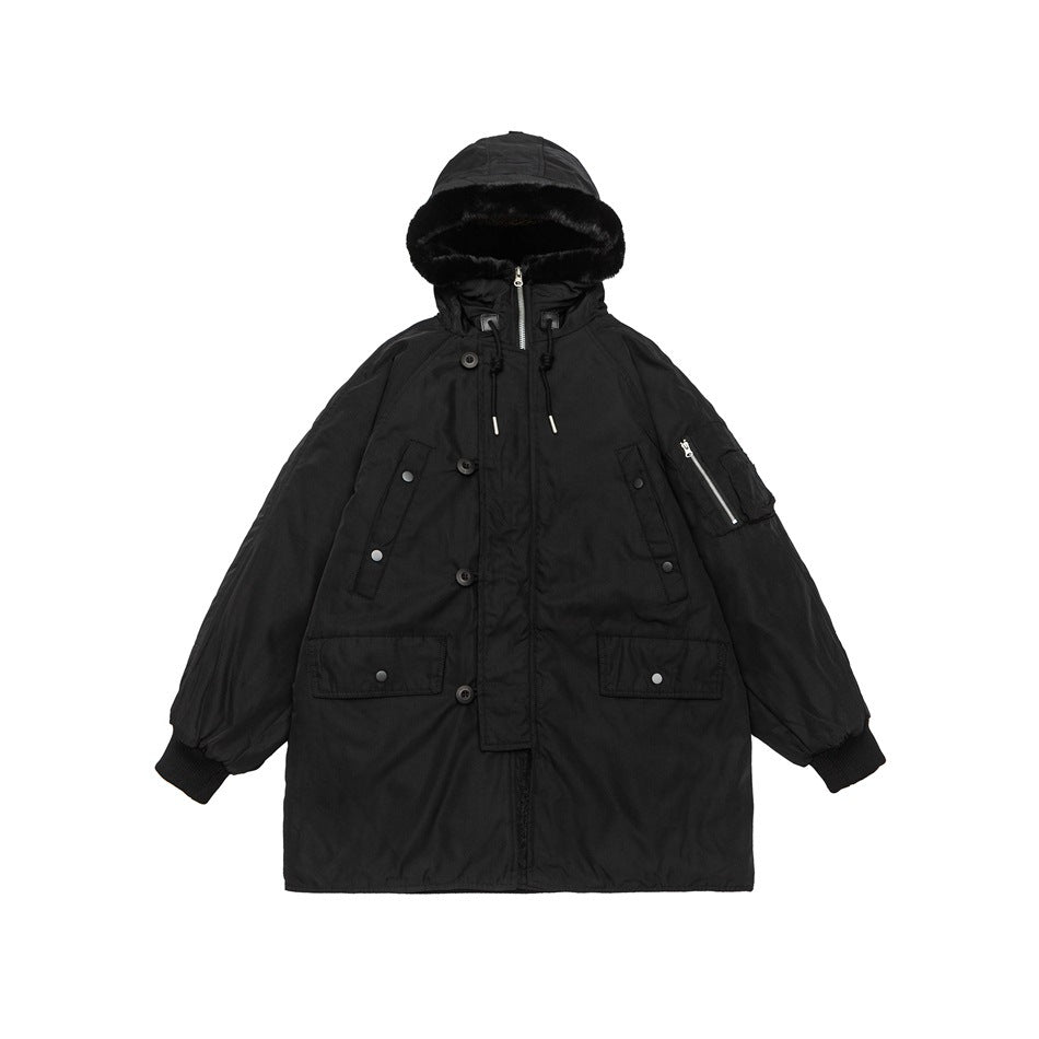 Black mid-length hooded jacket with plush hood trim, front zip, flap pockets and ribbed cuffs, flat front view
