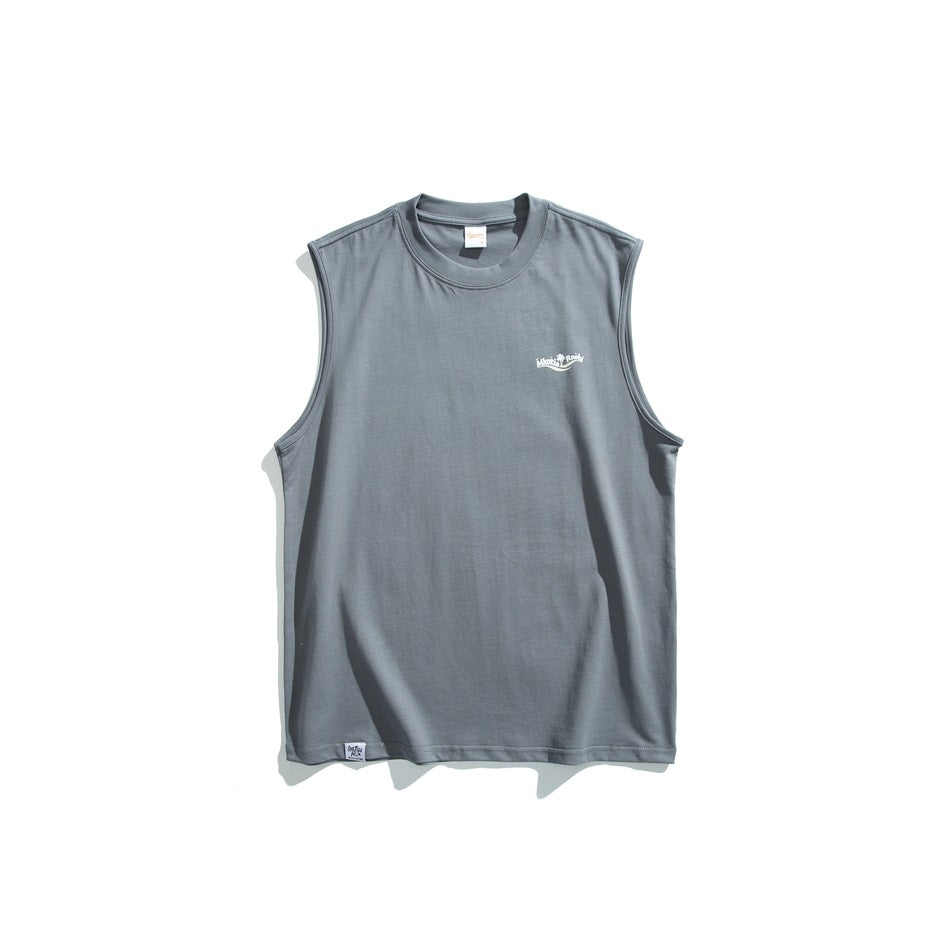 Front flat lay of a gray sleeveless crew-neck shirt with a small white chest graphic.