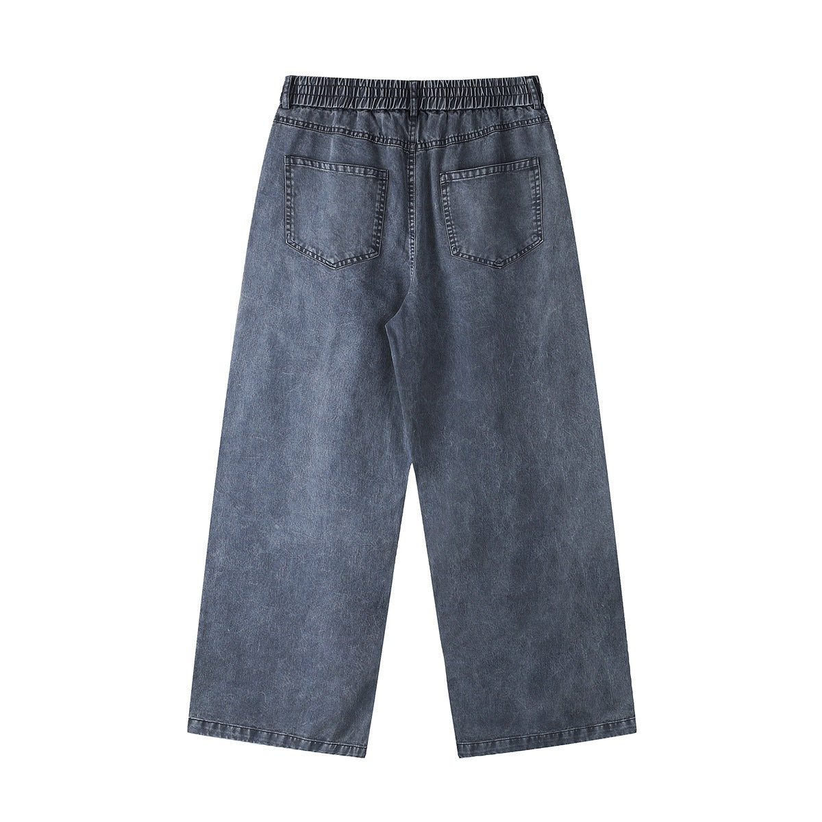 Back view of blue-gray wide-leg jeans with an elastic waistband and two rear pockets.