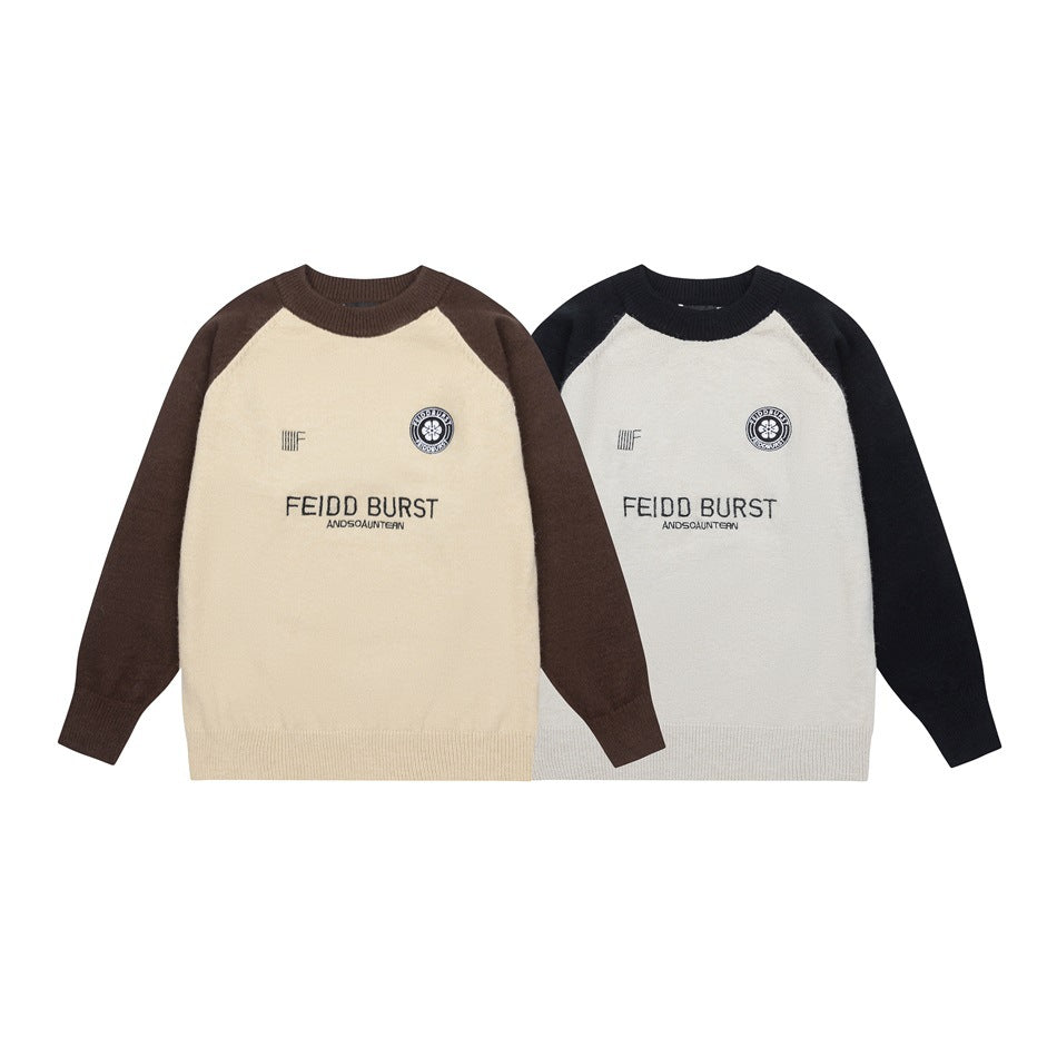 Two raglan sweaters shown flat: one cream with brown sleeves and one light gray with black sleeves; both have chest graphics.
