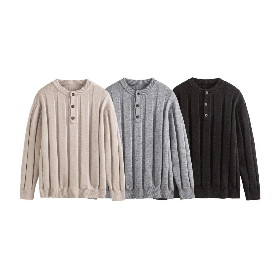 Three ribbed sweaters shown side by side in beige, gray, and black, each with a round neck and three-button placket.