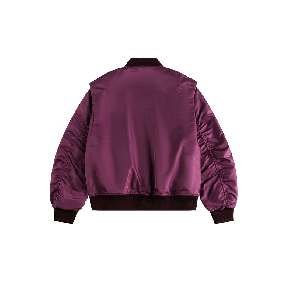 Back view of a plum satin-look bomber jacket with dark ribbed collar, cuffs, and hem.
