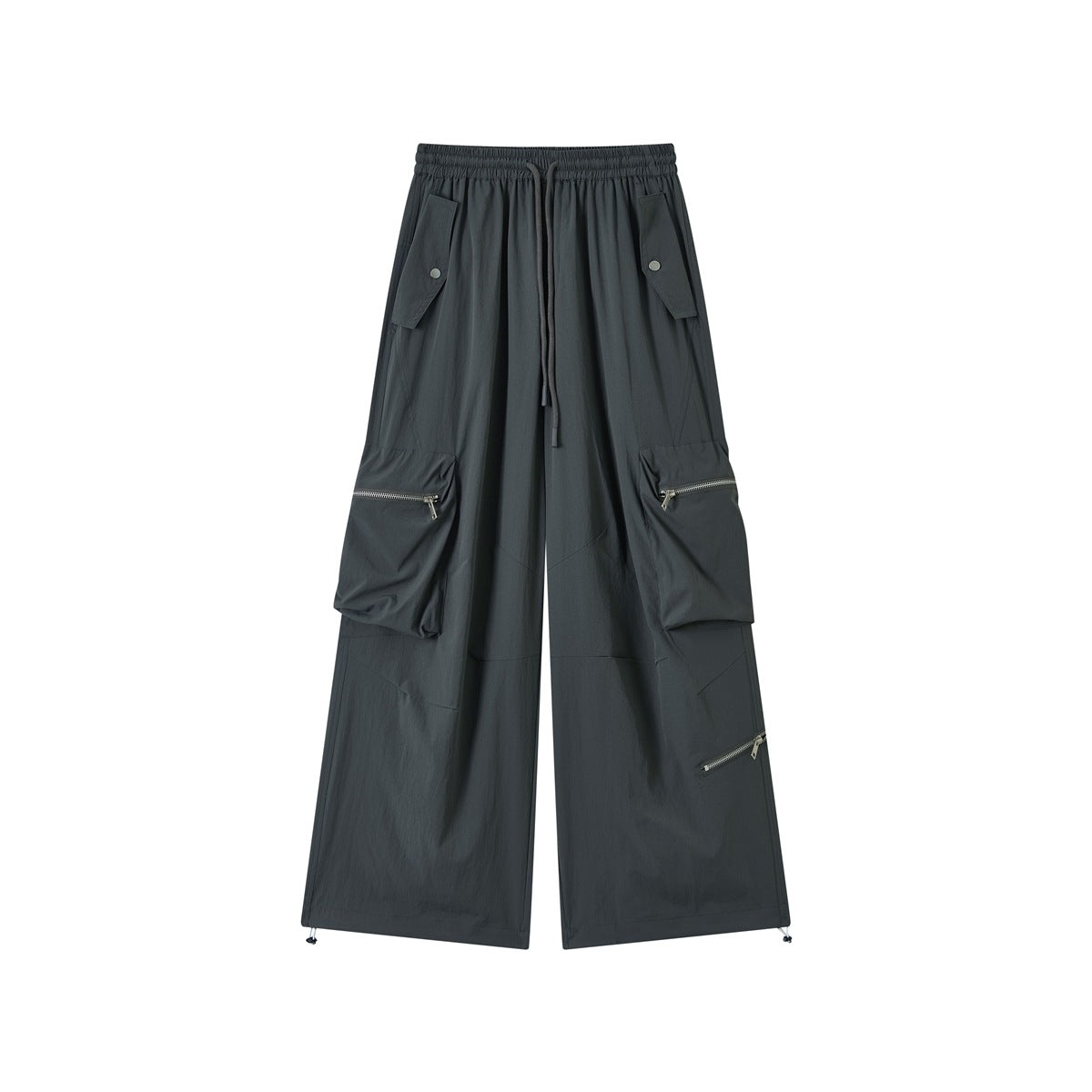 Dark gray wide-leg cargo pants front view with drawstring waist, zippered side pockets and hem drawcords