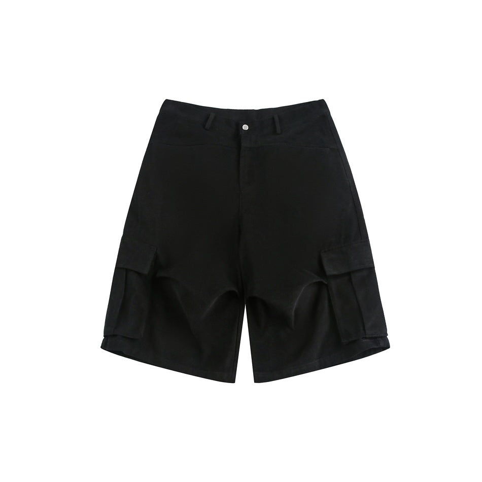 Black knee-length cargo shorts, front flat lay with button waistband and large side flap pockets