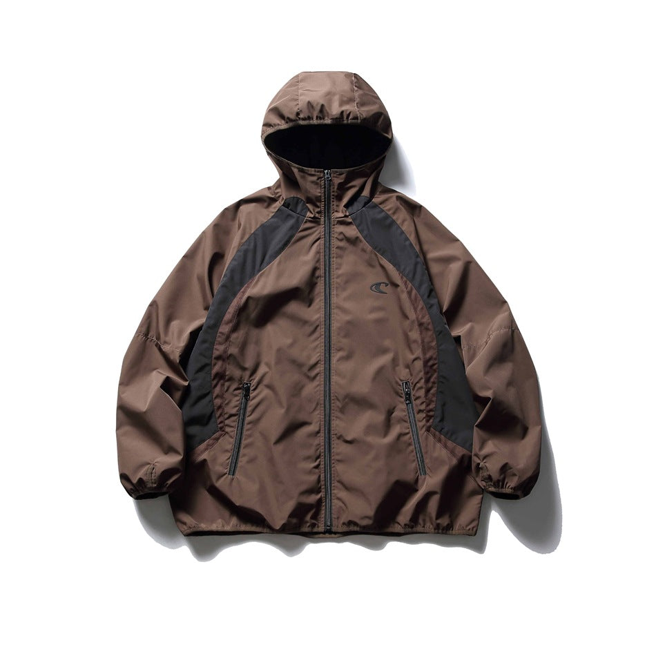 Brown hooded zip jacket with black contrast panels, zippered pockets and elastic cuffs, front flat view