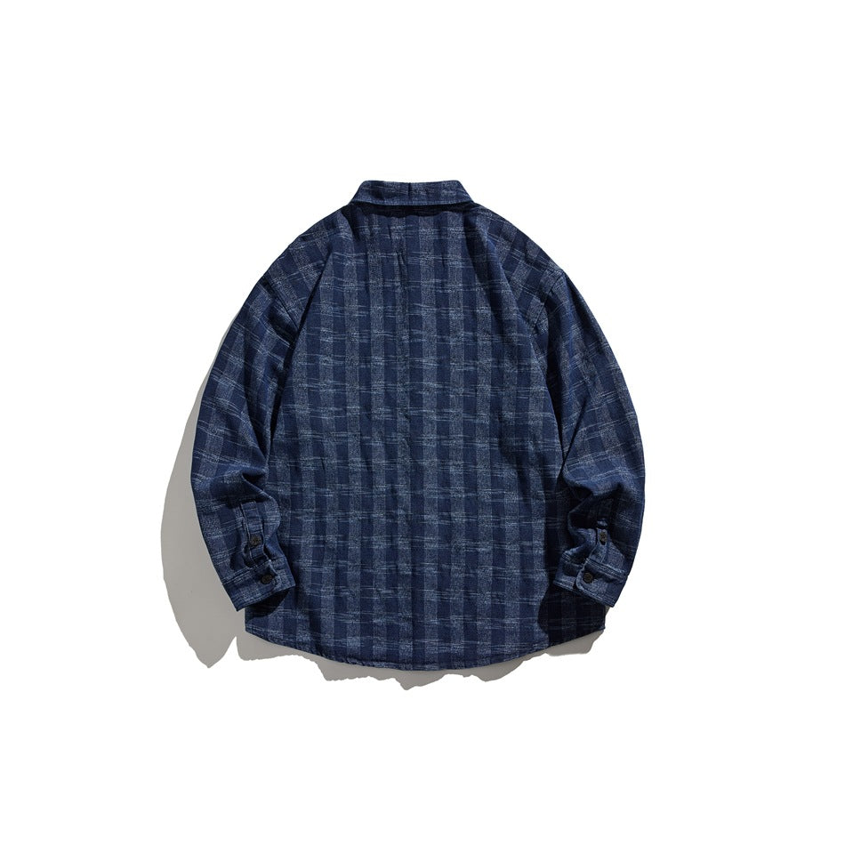 Back view of a blue plaid long-sleeve button-up shirt laid flat against a white background.