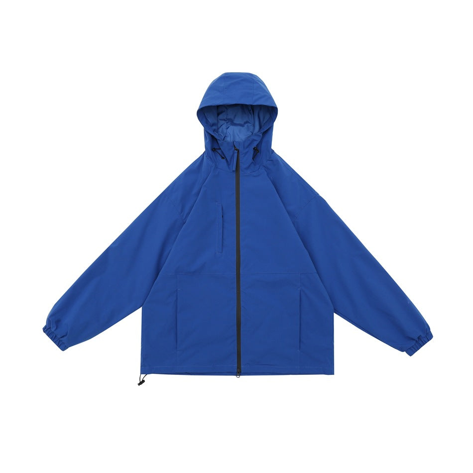 Blue hooded zip-up jacket laid flat, front view with black zipper, hood drawcords and elastic cuffs