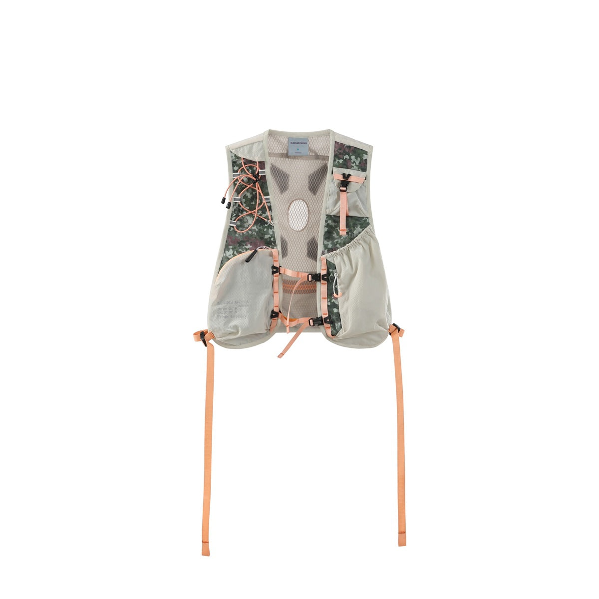 Off-white camo mesh running-style vest with peach straps and front pockets, flat lay on white