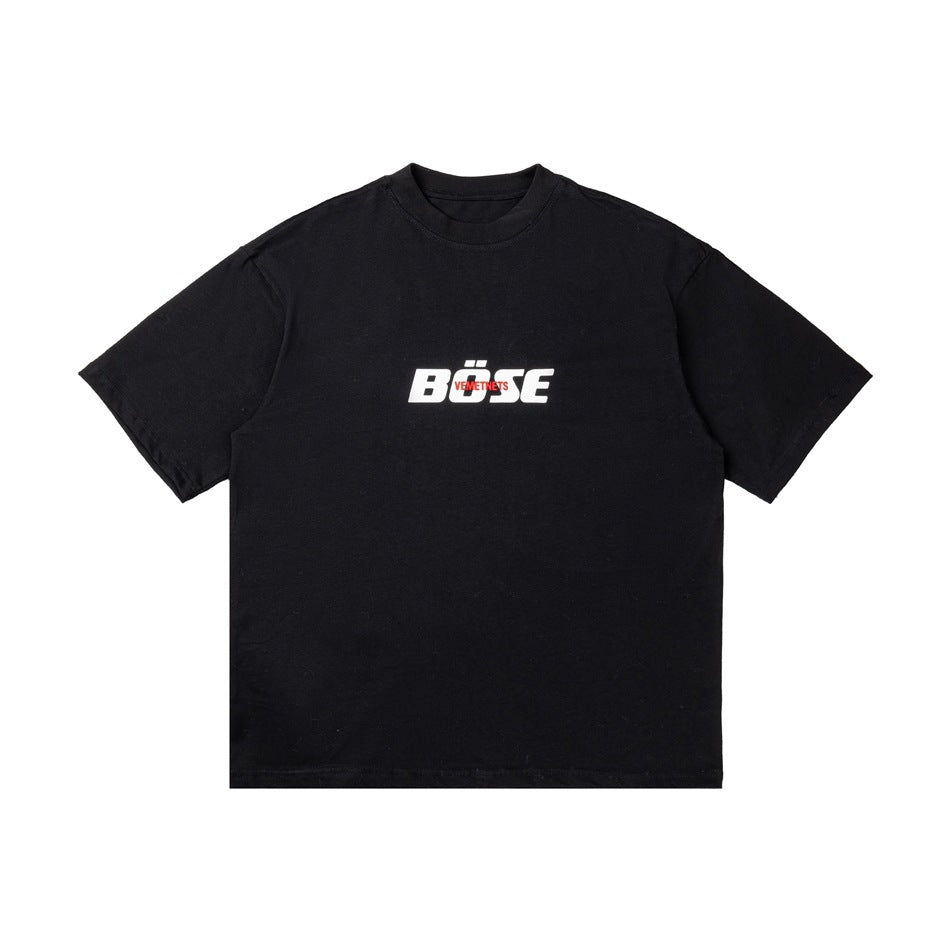 Black short-sleeve crew-neck T-shirt with a white BÖSE chest graphic, flat front view