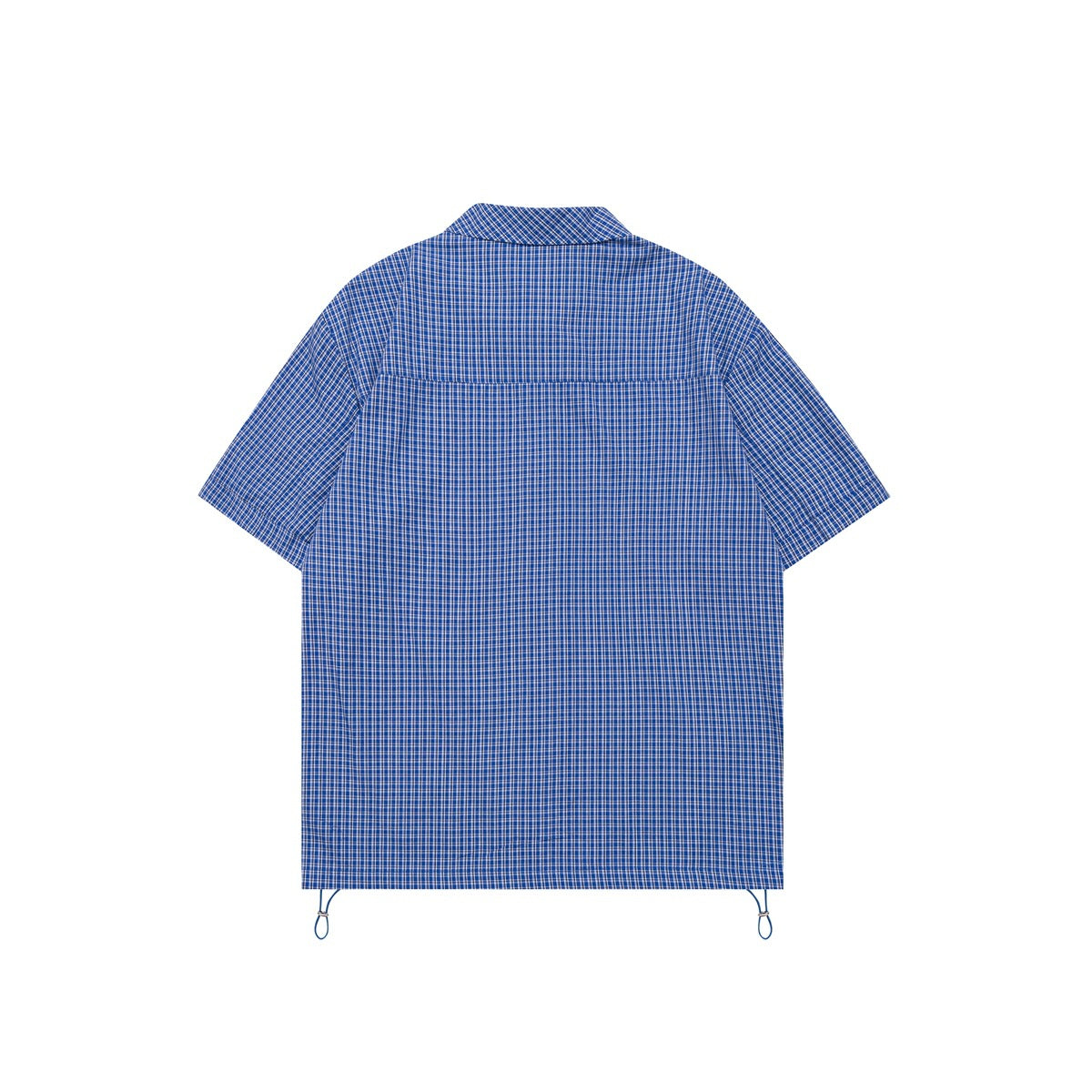 Back view of a blue plaid short-sleeve shirt laid flat, with a yoke seam and adjustable loops at the hem.