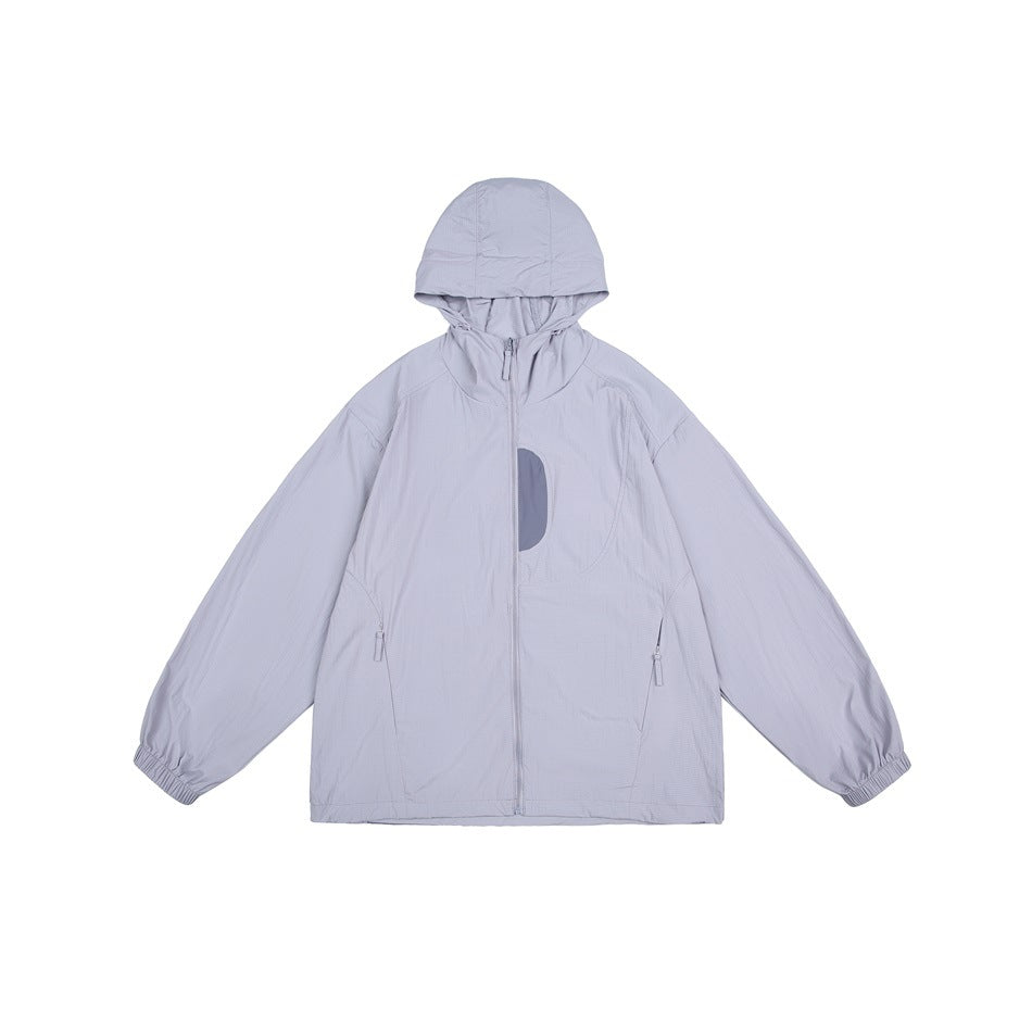 Light purple hooded zip jacket flat lay with side zip pockets, elastic cuffs and a darker chest panel