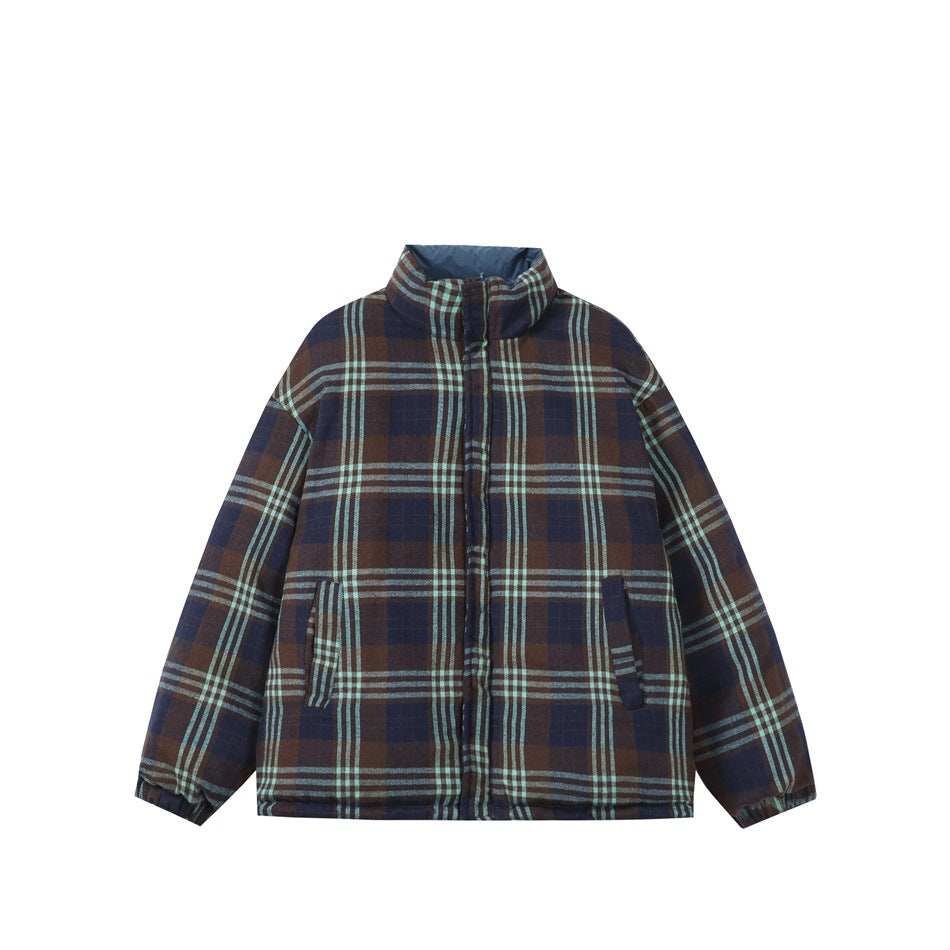 Front view of a high-collar jacket in a navy, brown and pale blue plaid pattern, with two front pockets.