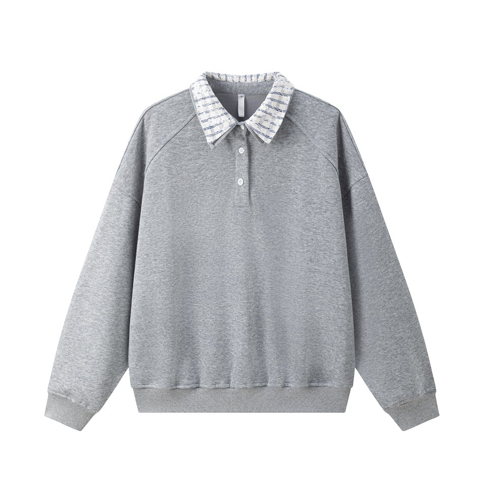 Heather gray pullover sweatshirt with striped contrast polo collar, three buttons and ribbed cuffs, flat front view